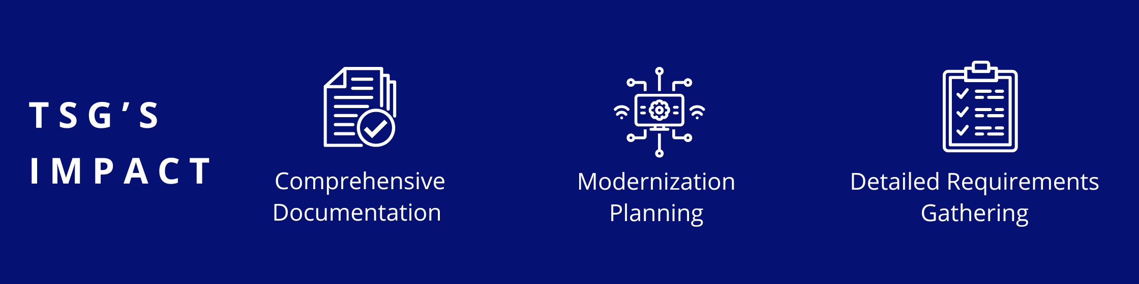 Comprehensive documentation, Modernization planning, Detailed requirements gathering 